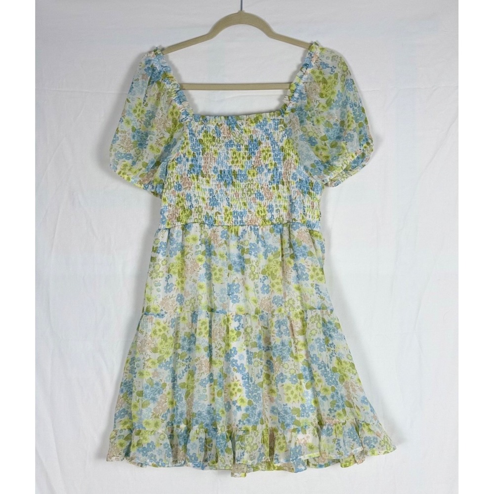 Madden NYC Mini Dress L Floral Spring Coquette Smocked‎ Puff Sleeves Cottagecore - Picture 2 of 8